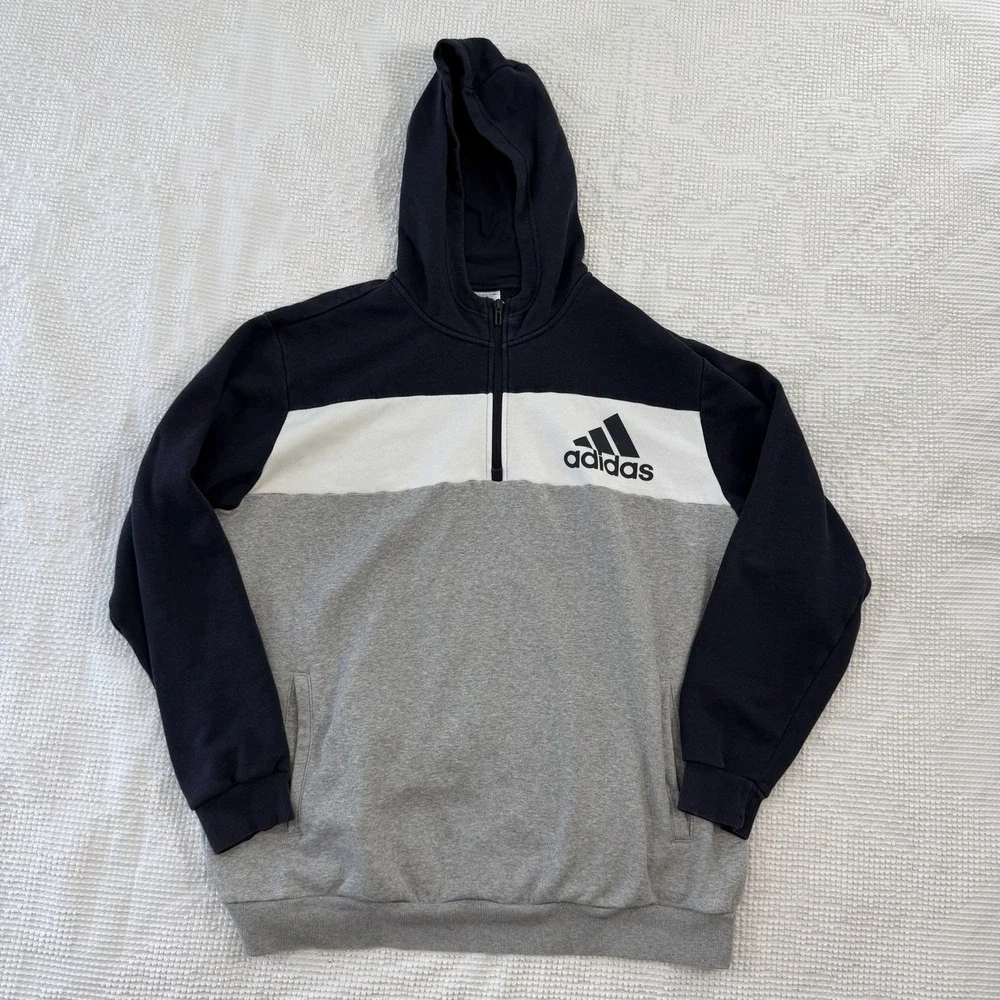 Adidas Sweatshirt Hooded Quarter-Zip White/ Gray/ Navy Mens XL HR6093
